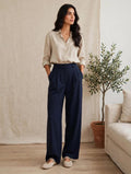 Navy Tailored Wide-Leg Trousers