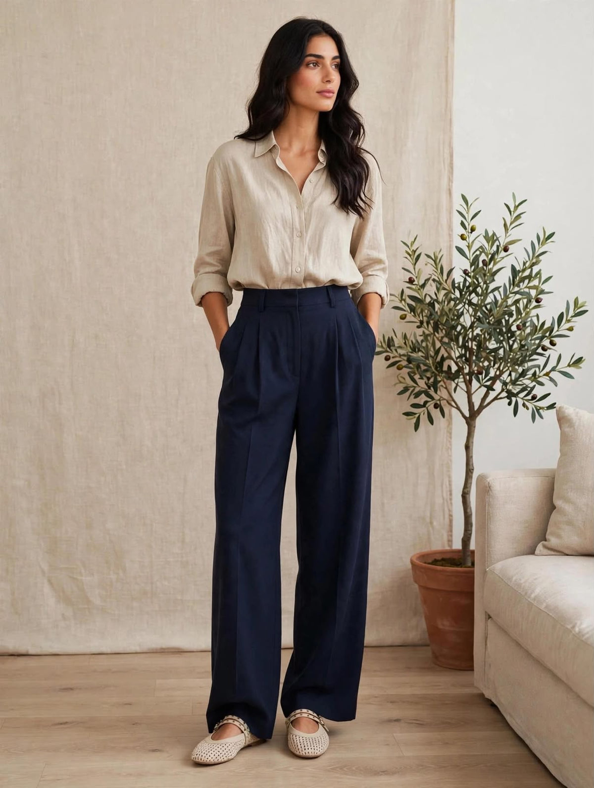 Navy Tailored Wide-Leg Trousers