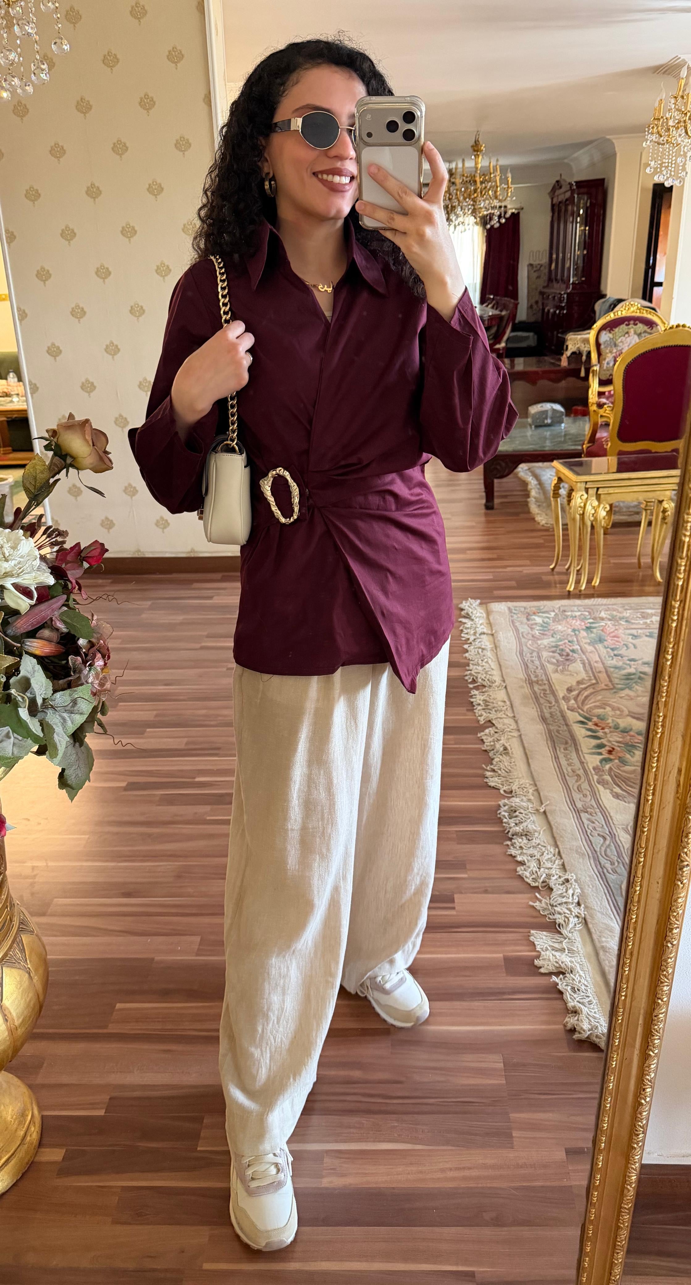 Gold Buckle Poplin Blouse in Burgundy