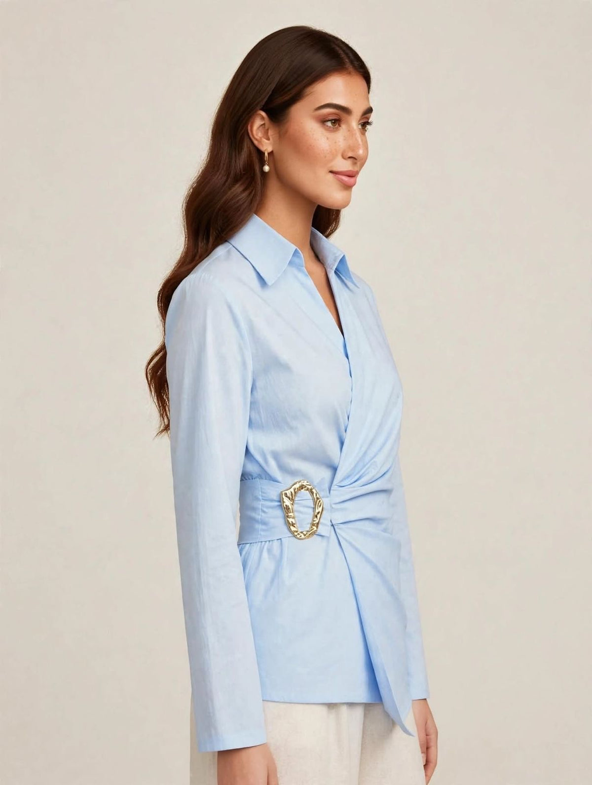 Gold Buckle Poplin Blouse in Baby Blue
