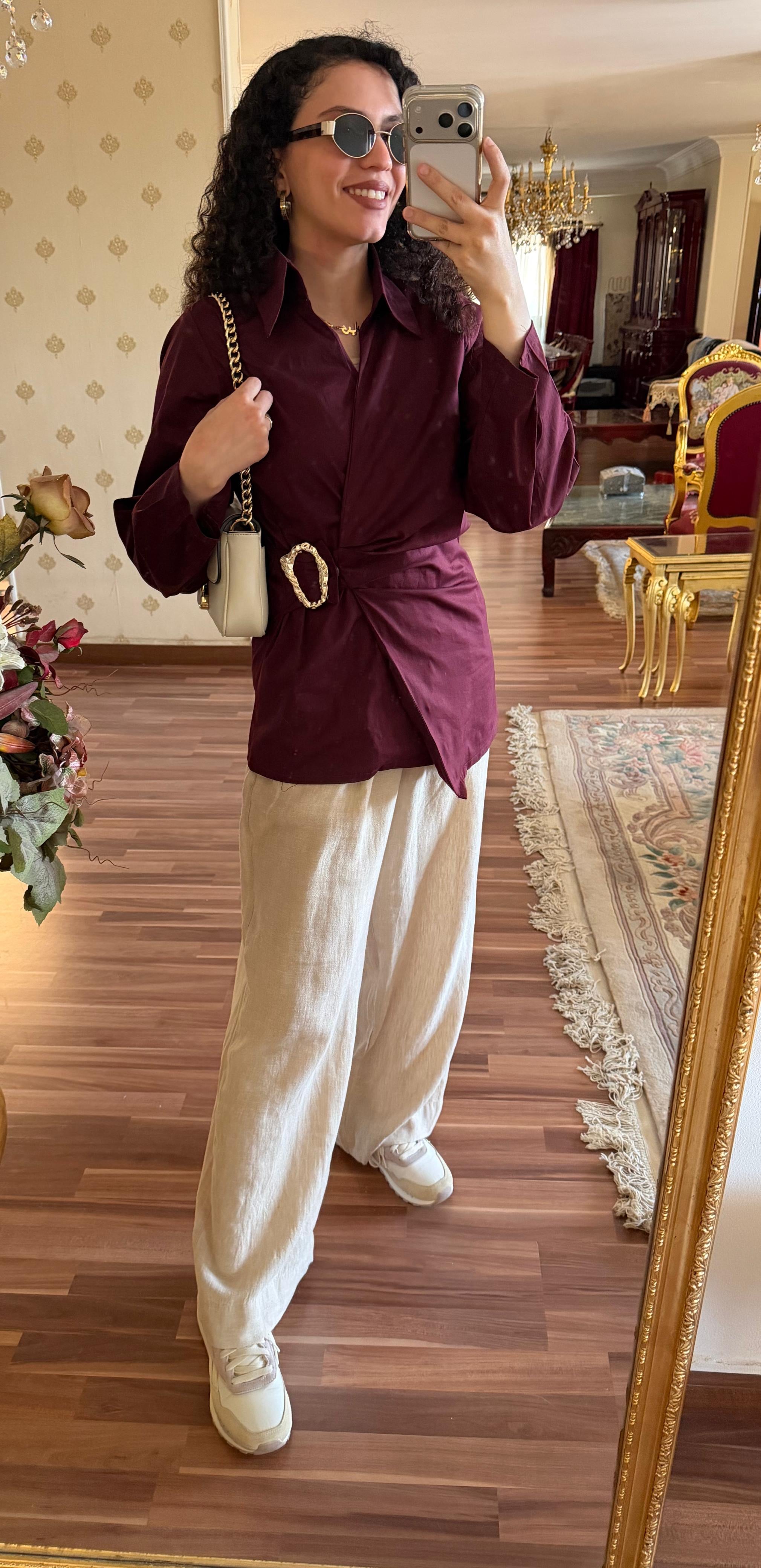 Gold Buckle Poplin Blouse in Burgundy