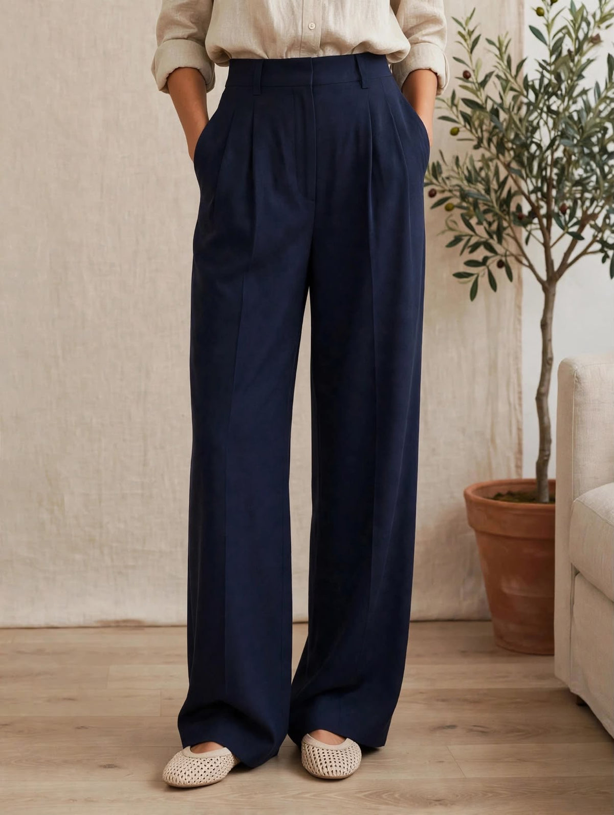 Navy Tailored Wide-Leg Trousers