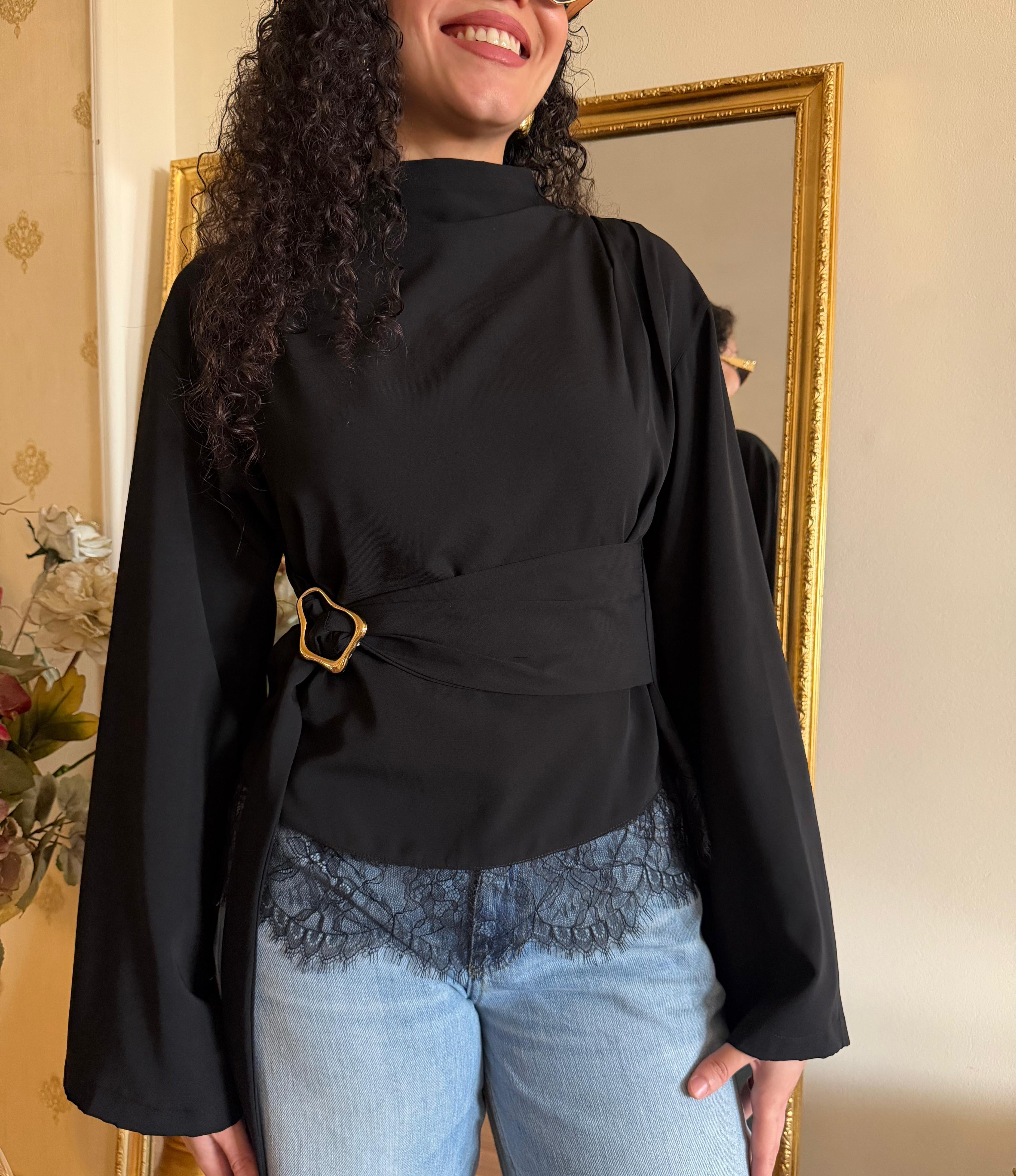 Black Lace Belted Top