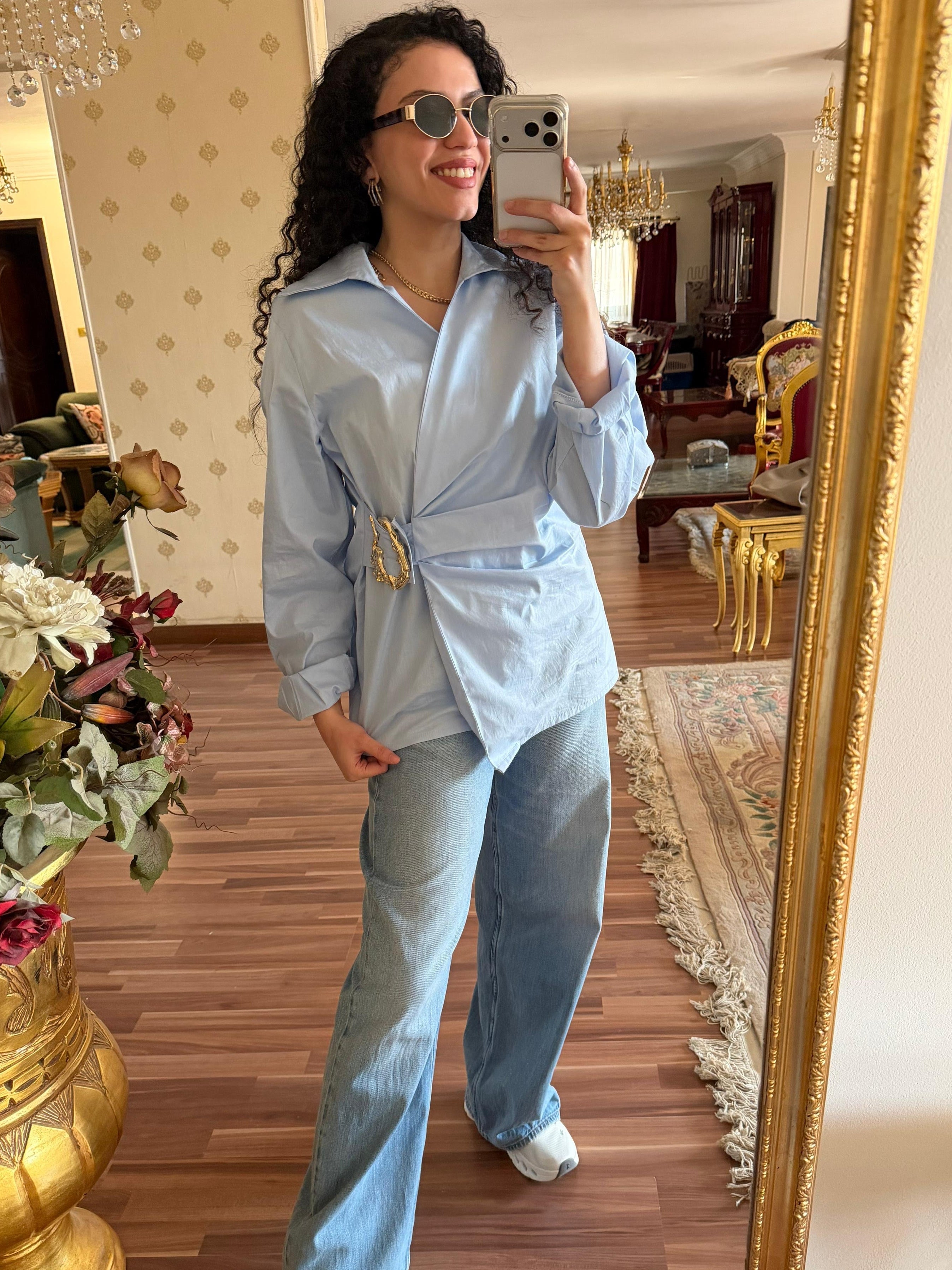 Gold Buckle Poplin Blouse in Baby Blue