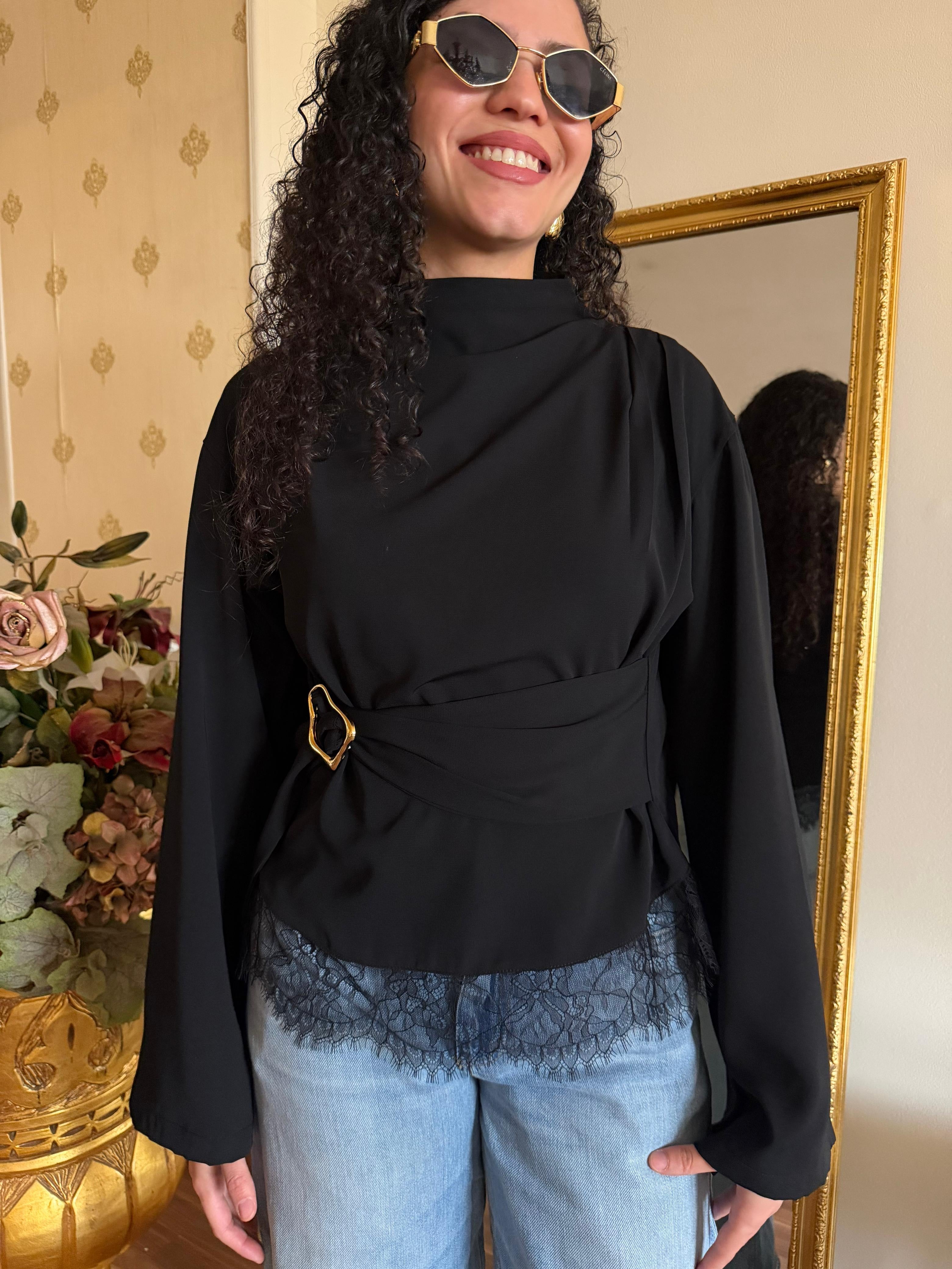 Black Lace Belted Top
