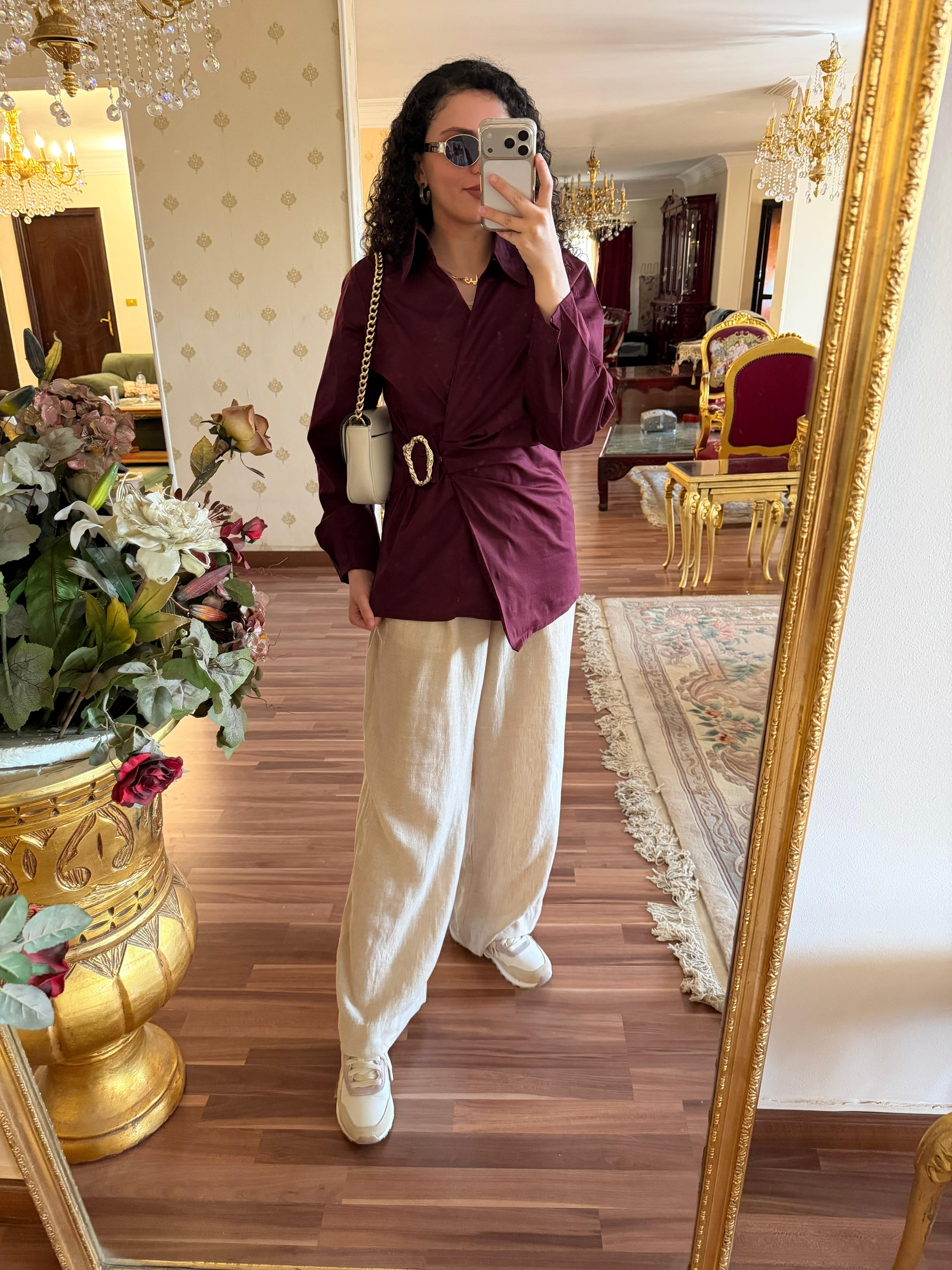 Gold Buckle Poplin Blouse in Burgundy
