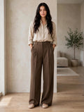 Brown Tailored Wide-Leg Trousers
