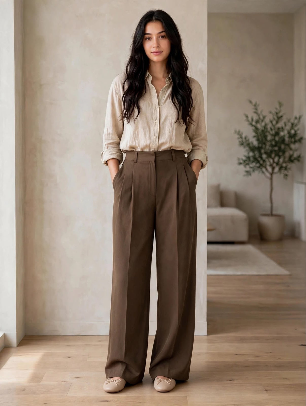Brown Tailored Wide-Leg Trousers