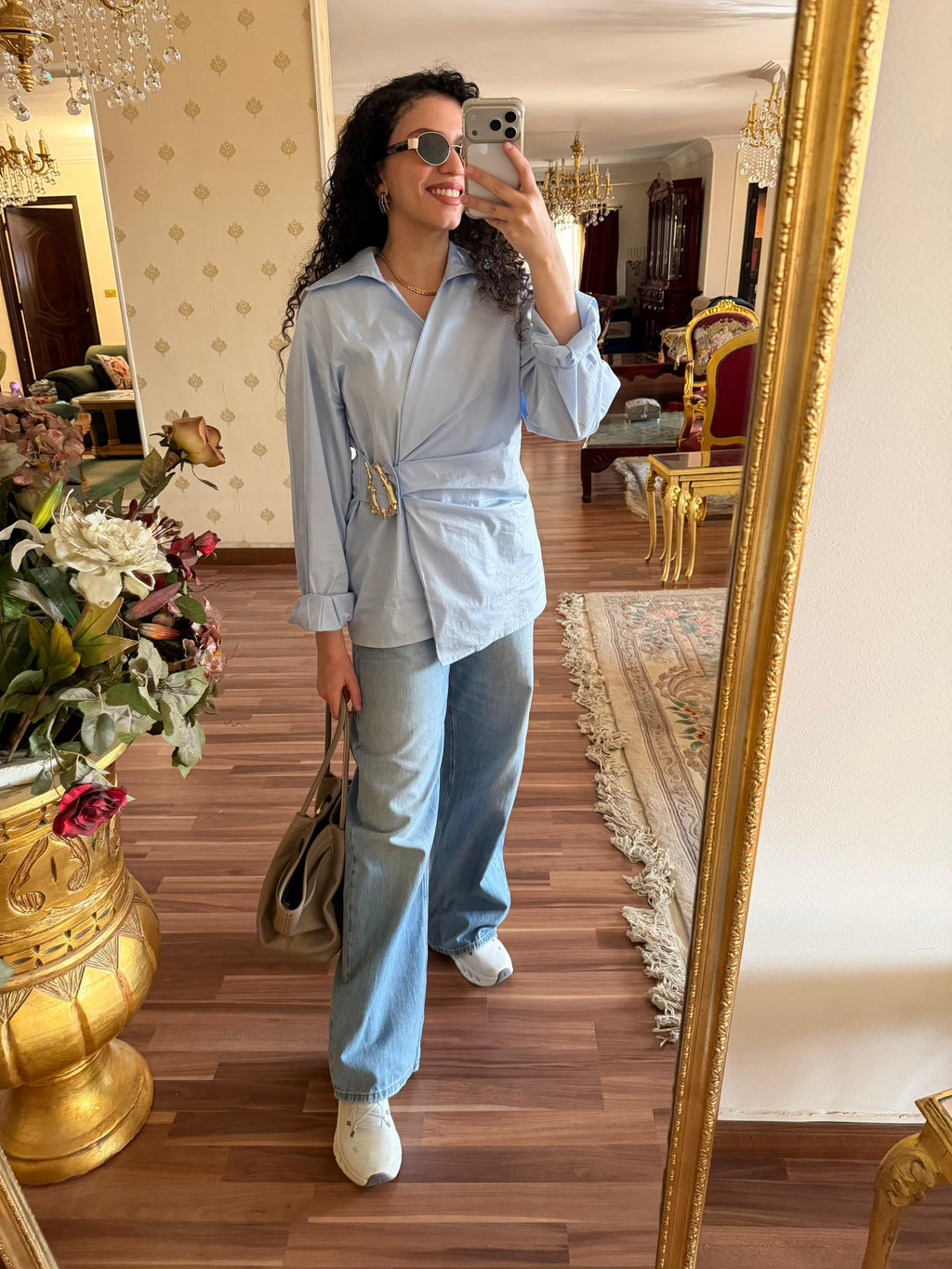 Gold Buckle Poplin Blouse in Baby Blue