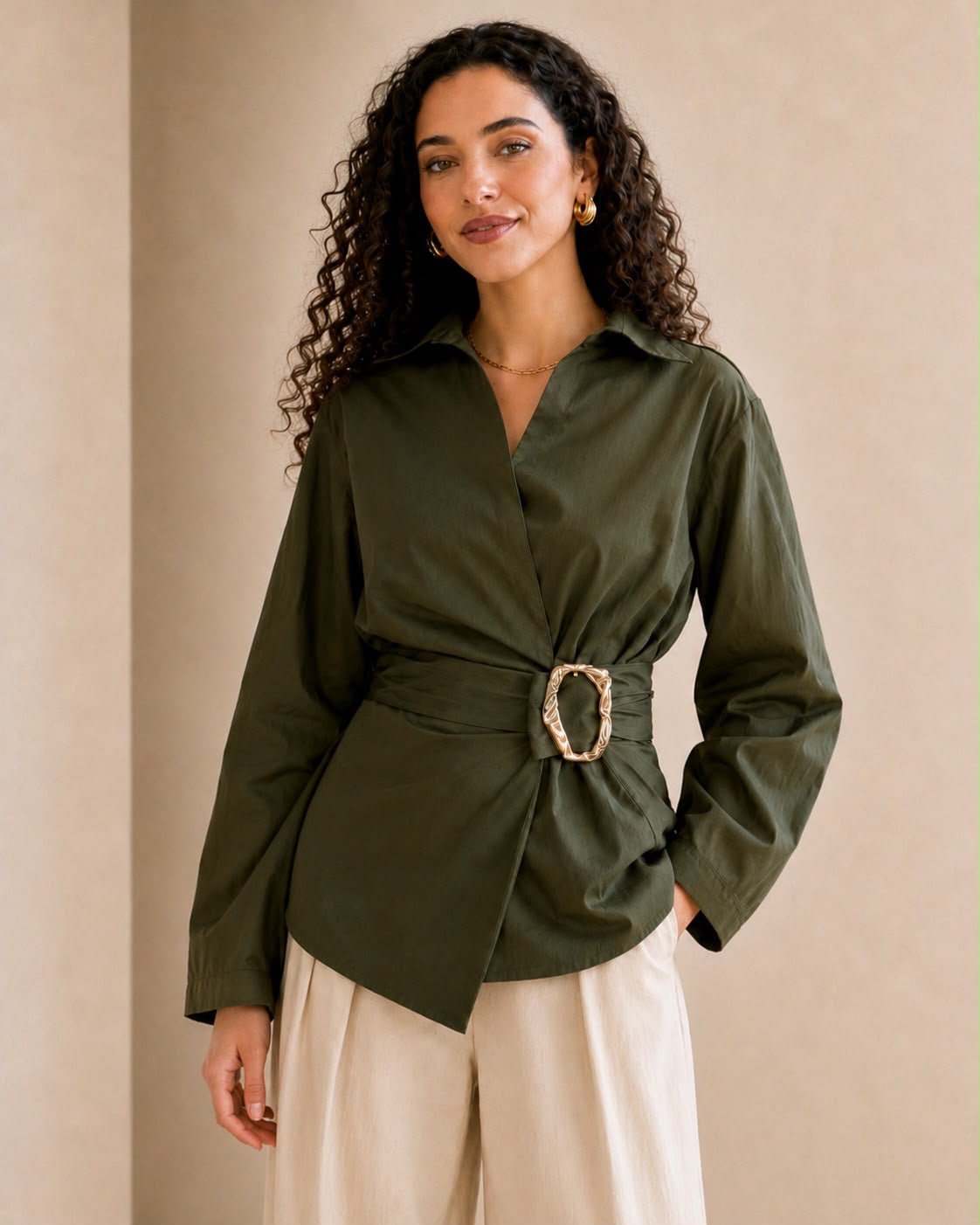 Gold Buckle Poplin Blouse in Olive