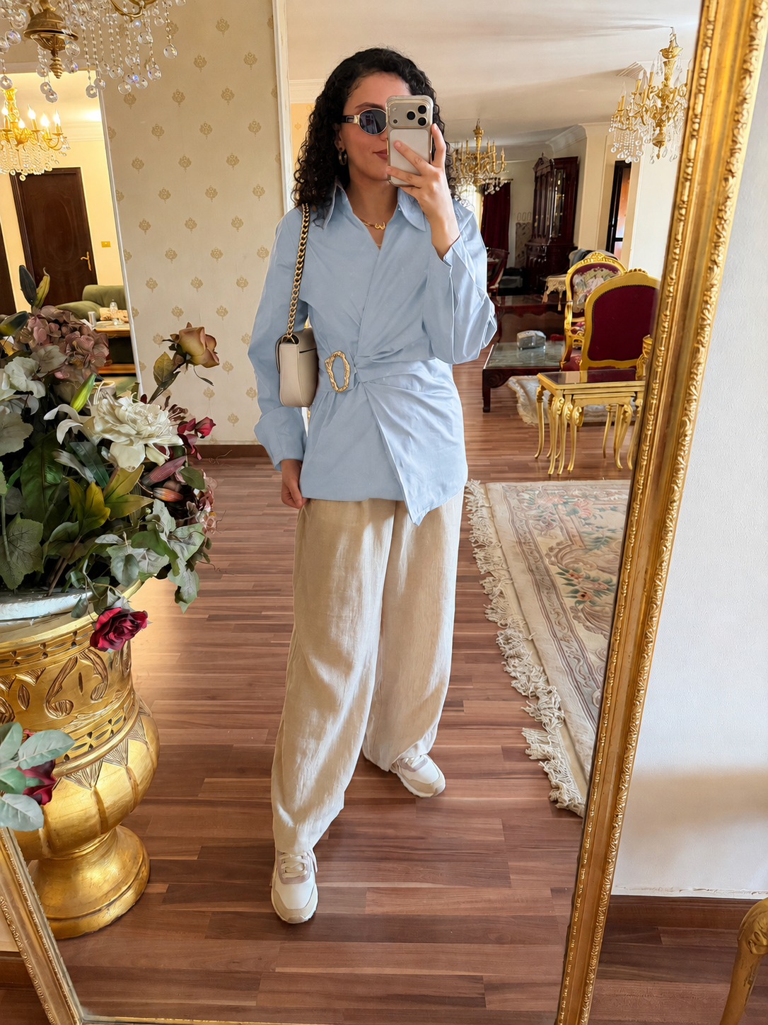 Gold Buckle Poplin Blouse in Baby Blue
