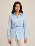 Gold Buckle Poplin Blouse in Baby Blue