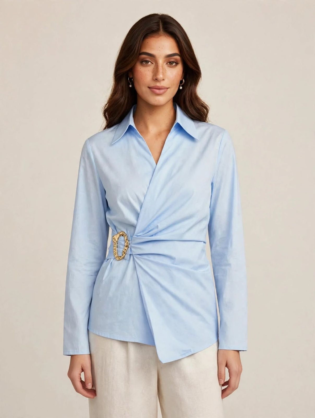 Gold Buckle Poplin Blouse in Baby Blue