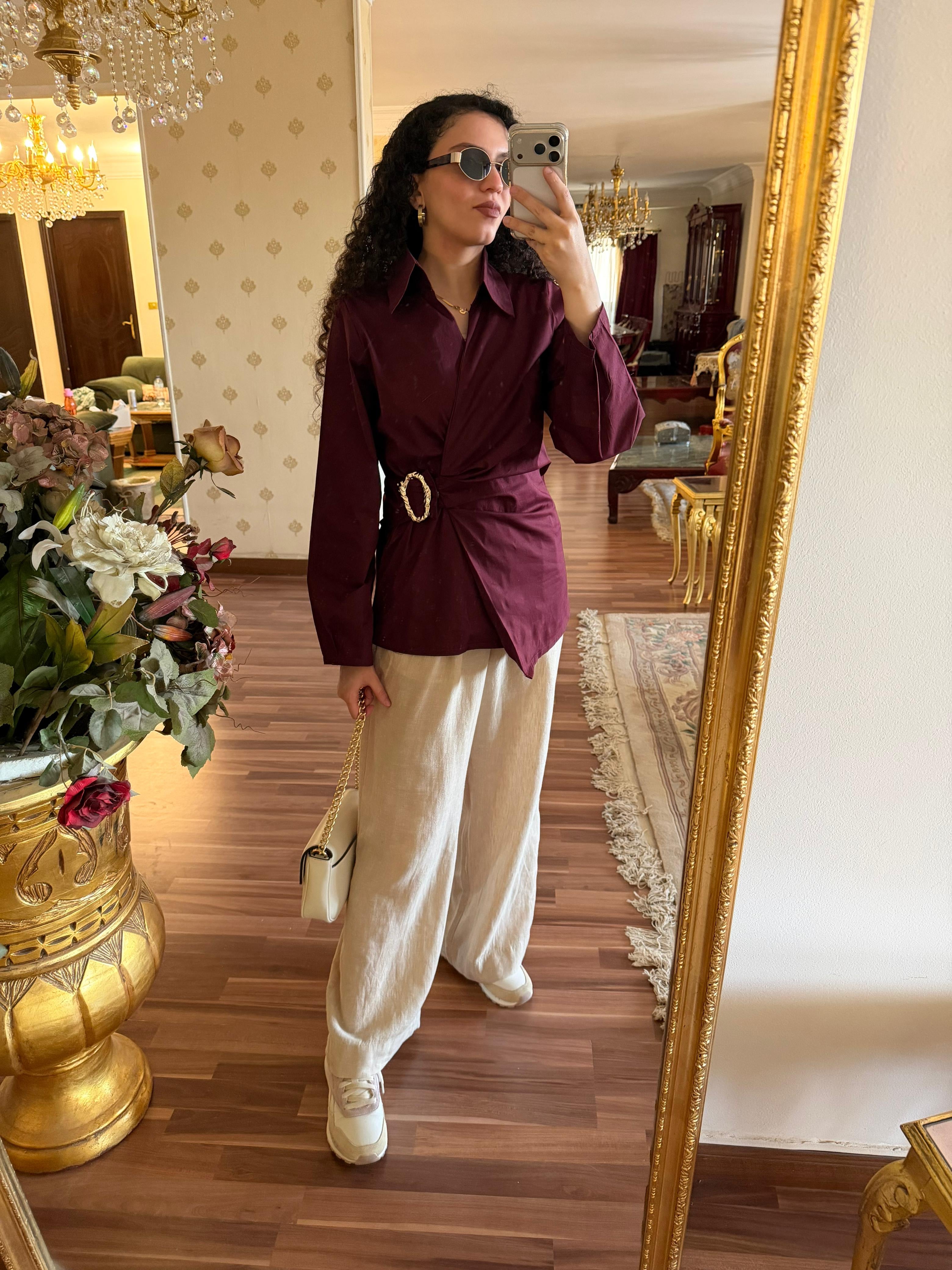 Gold Buckle Poplin Blouse in Burgundy