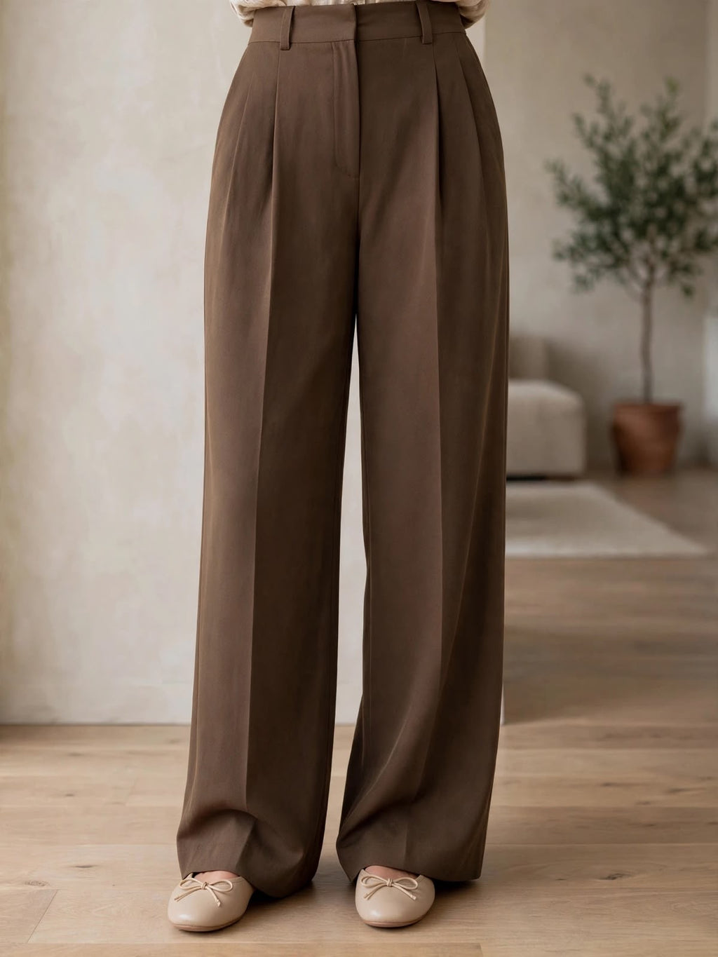 Brown Tailored Wide-Leg Trousers