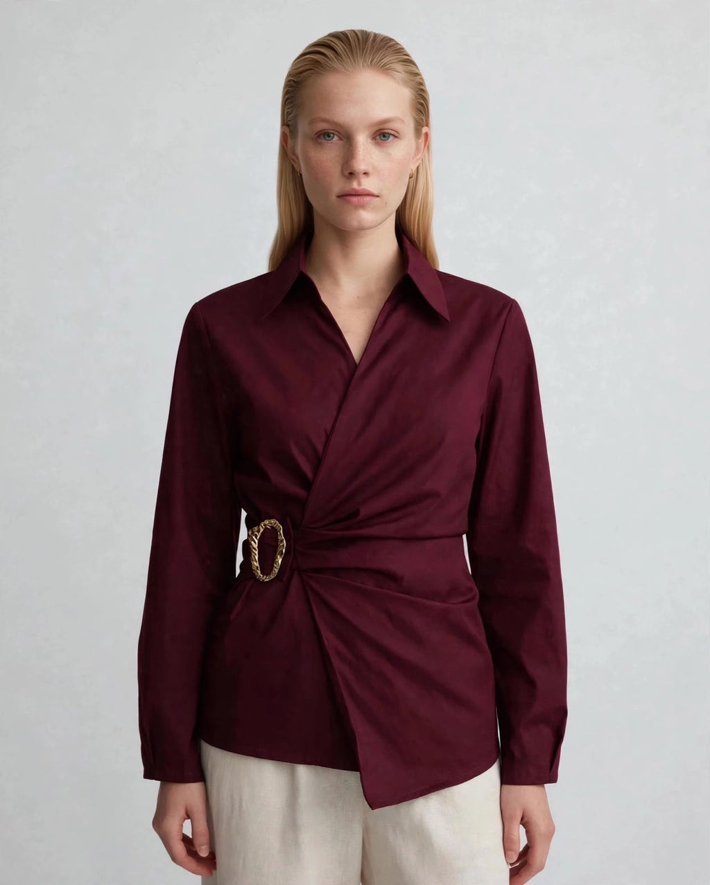 Gold Buckle Poplin Blouse in Burgundy