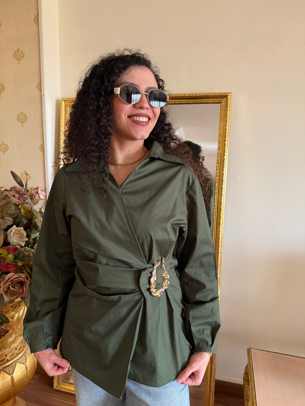 Gold Buckle Poplin Blouse in Olive