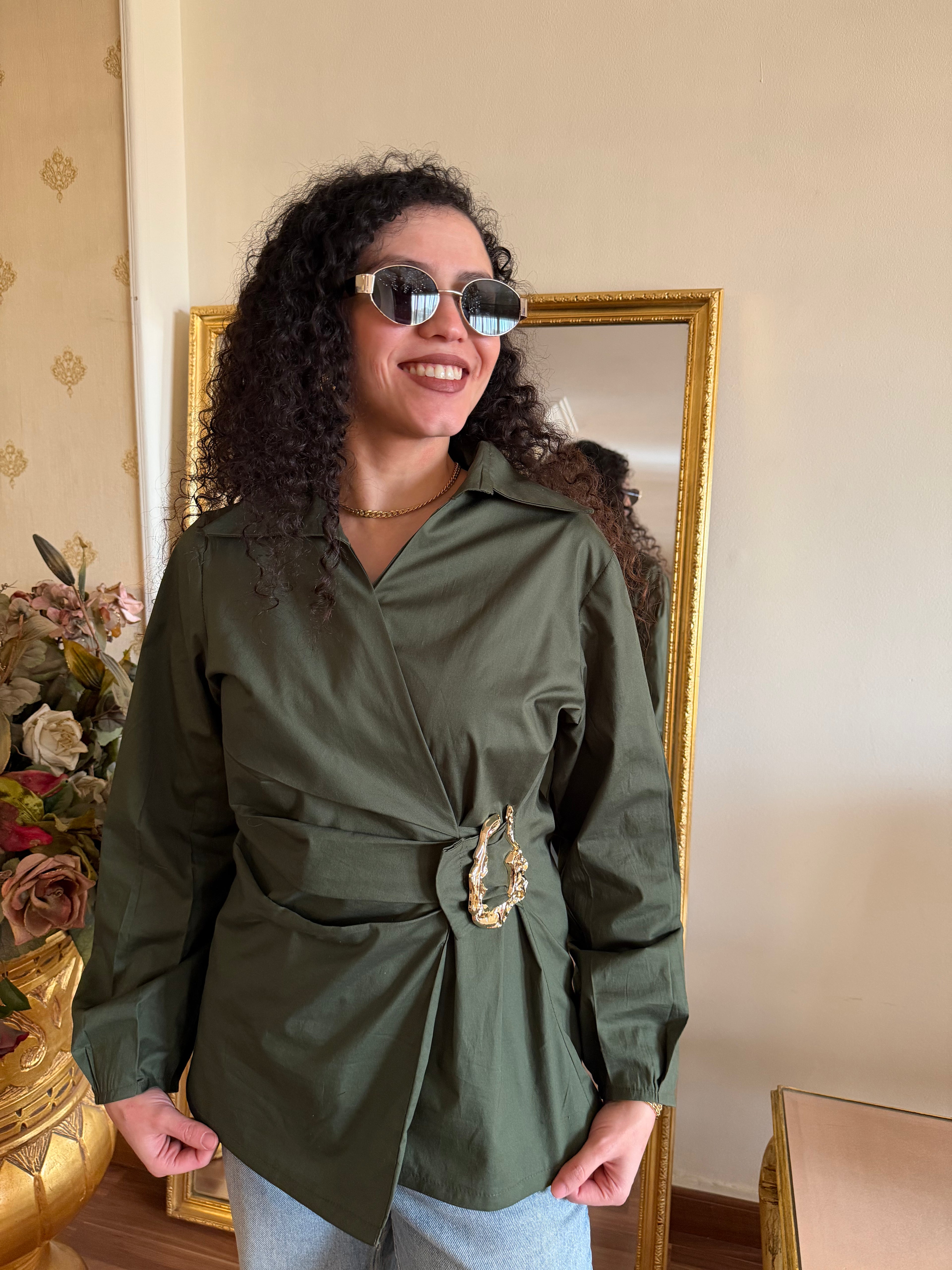 Gold Buckle Poplin Blouse in Olive