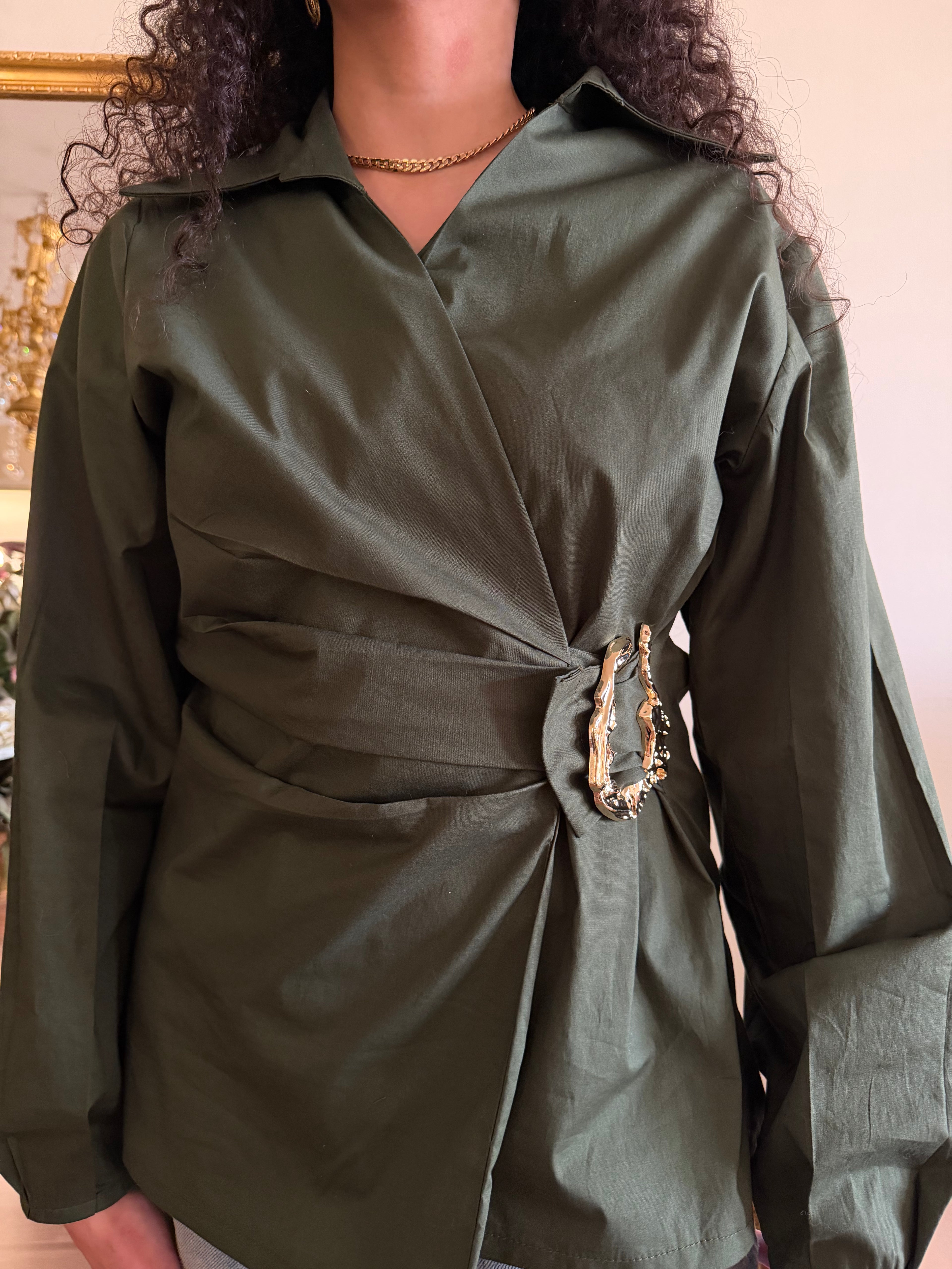 Gold Buckle Poplin Blouse in Olive