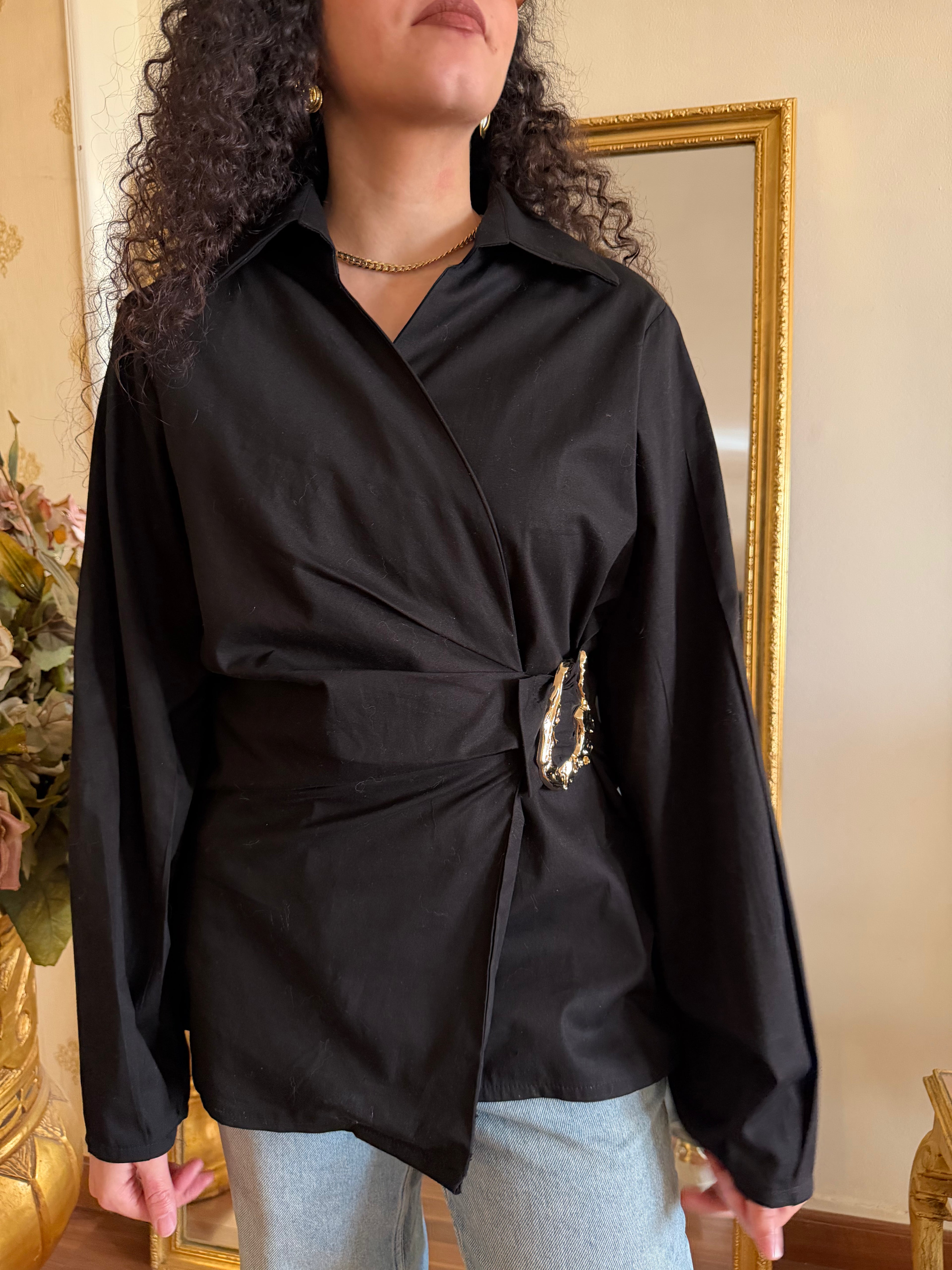 Gold Buckle Poplin Blouse in Black