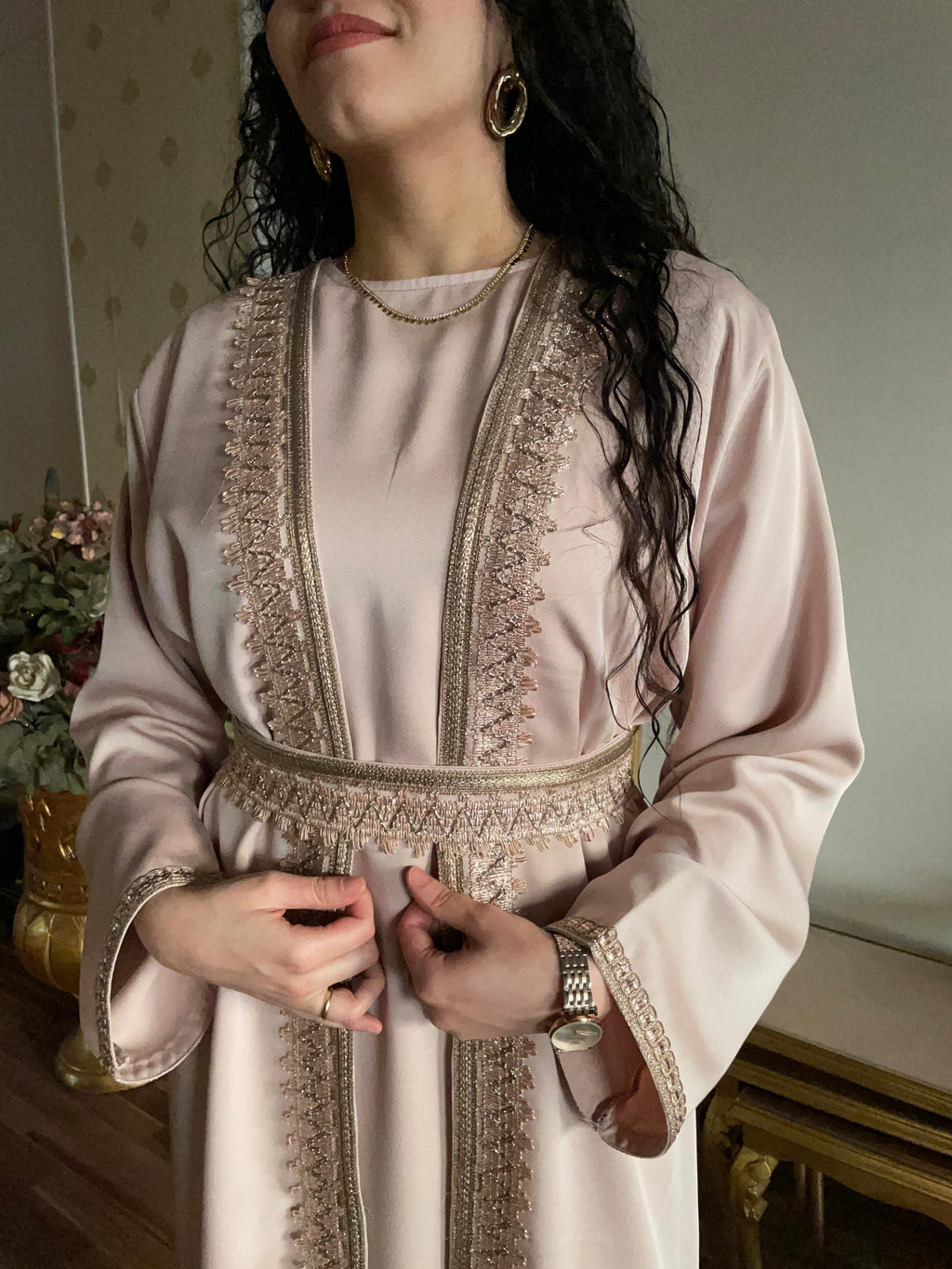 Rose Gold Satin Kaftan With Dress