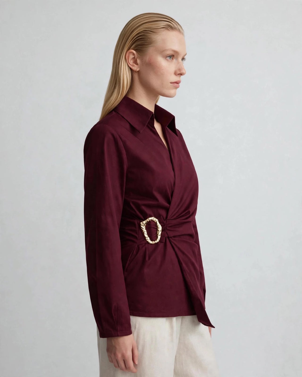 Gold Buckle Poplin Blouse in Burgundy