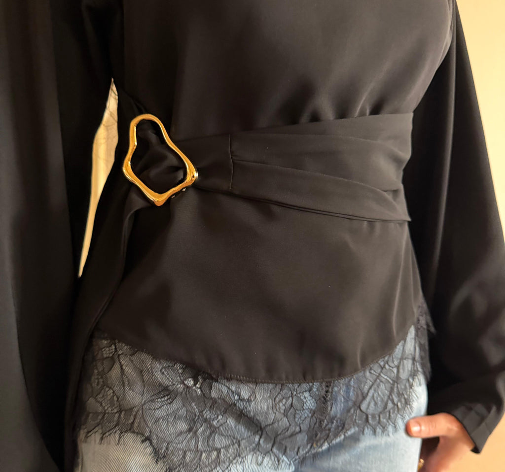 Black Lace Belted Top