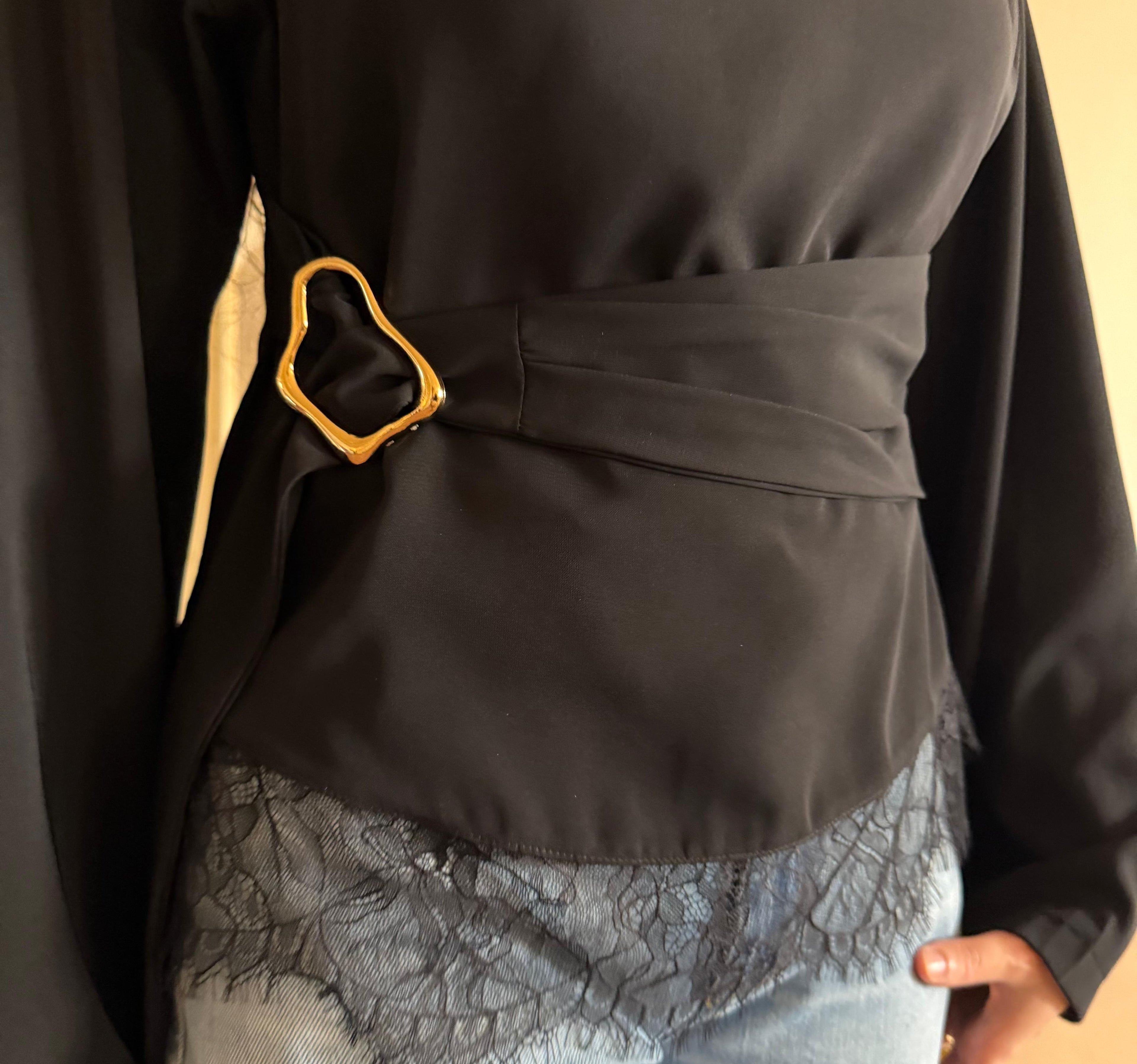 Black Lace Belted Top
