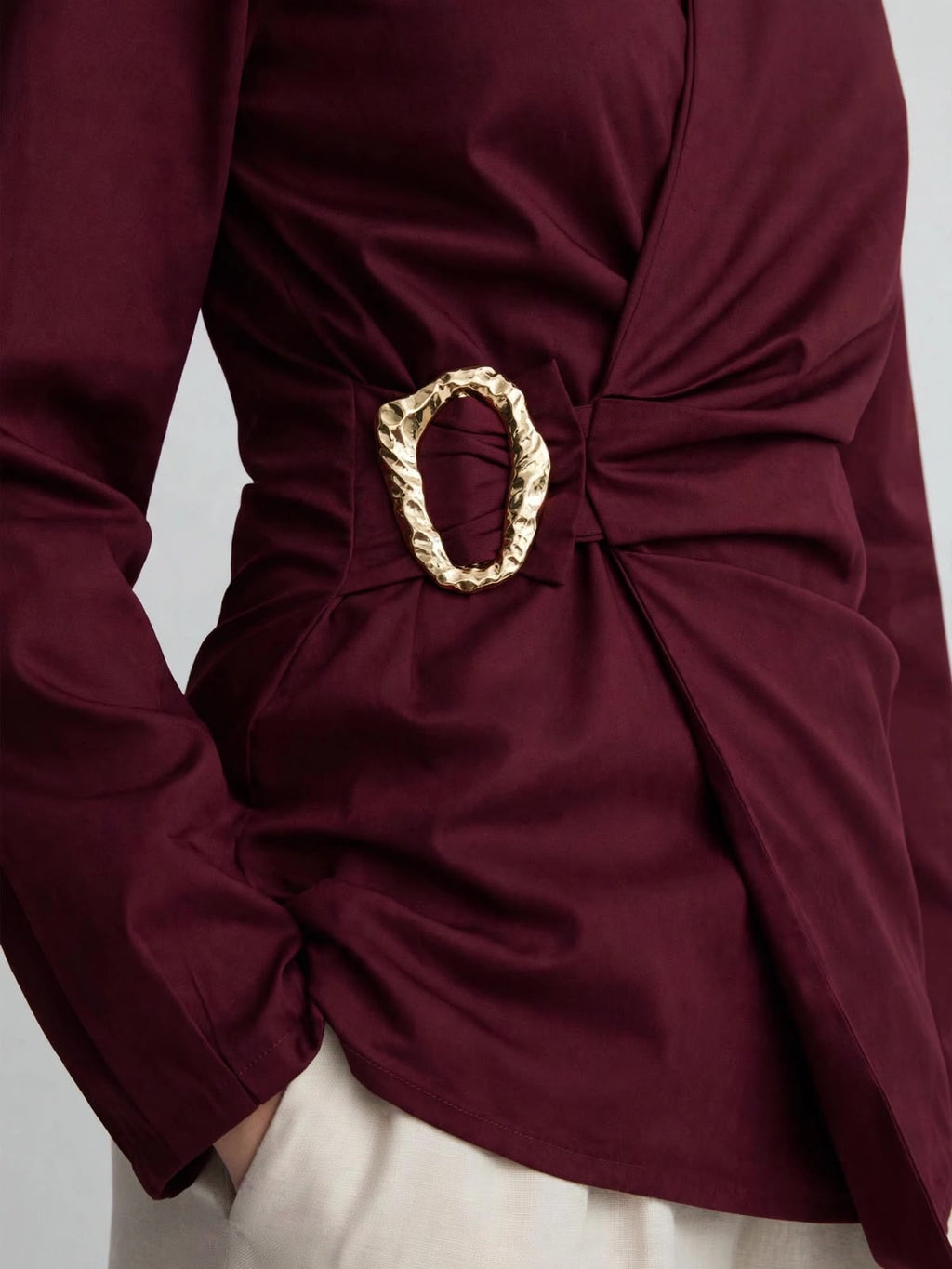 Gold Buckle Poplin Blouse in Burgundy