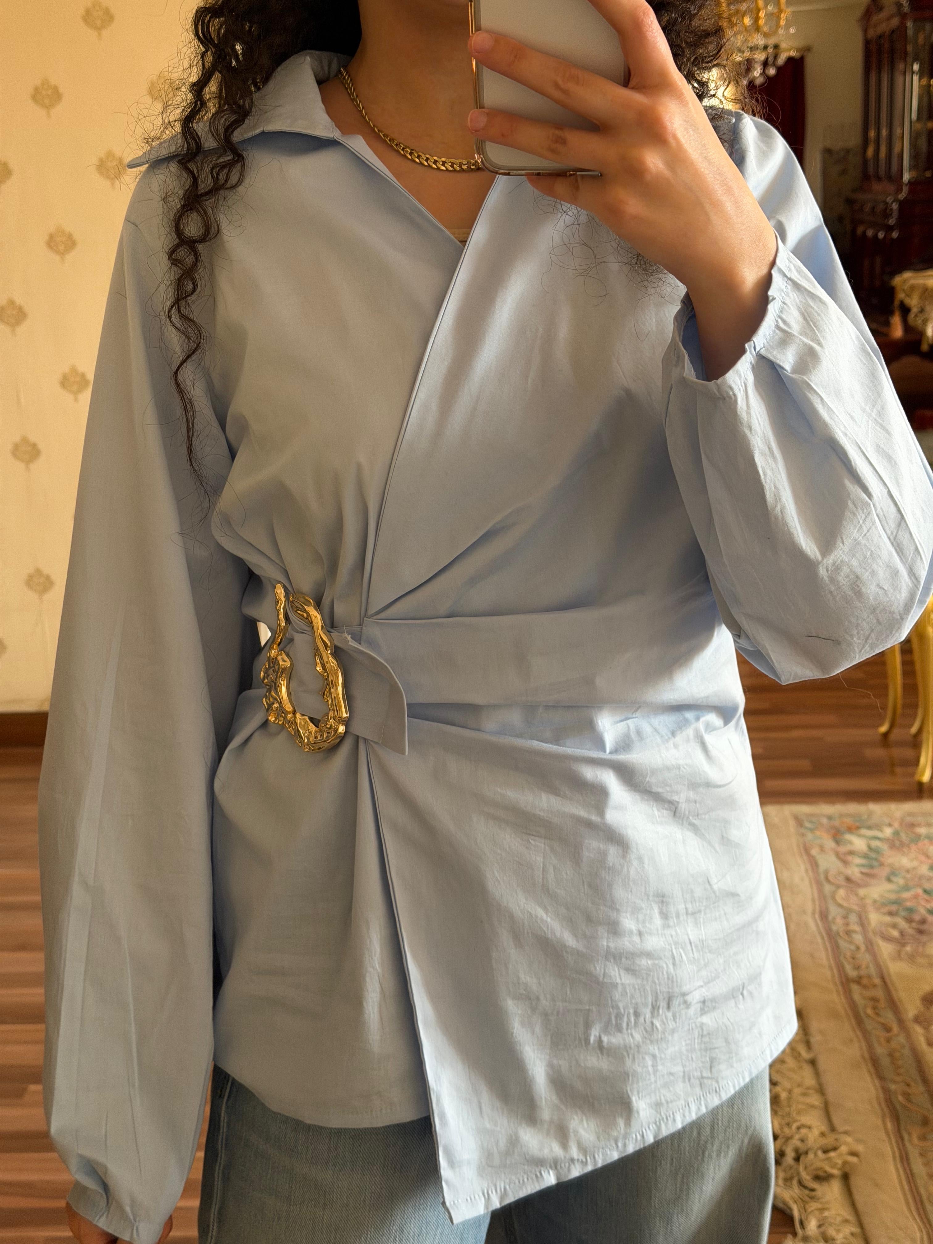 Gold Buckle Poplin Blouse in Baby Blue