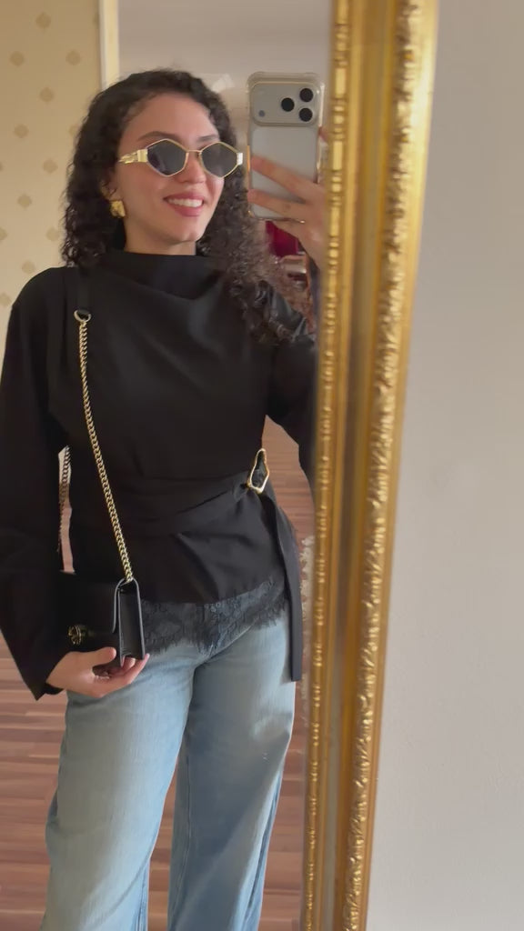 Black Lace Belted Top