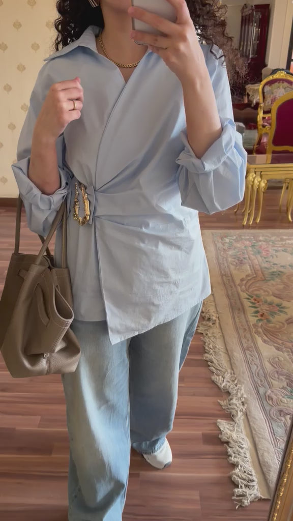 Gold Buckle Poplin Blouse in Baby Blue