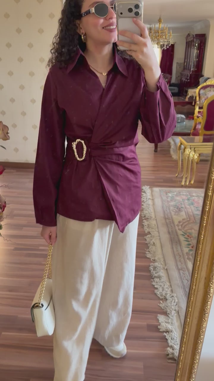 Gold Buckle Poplin Blouse in Burgundy